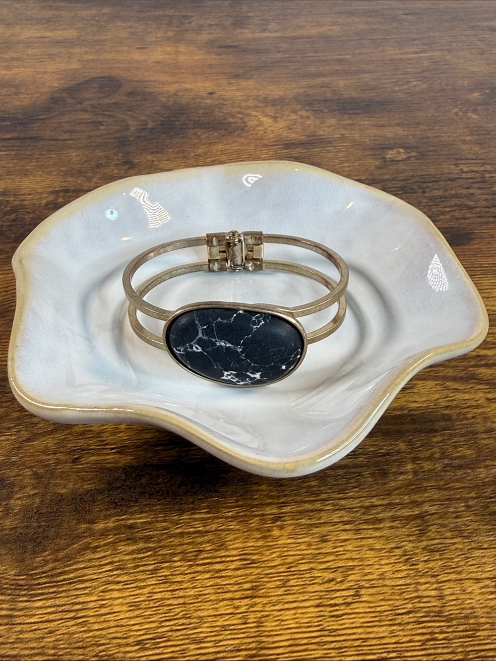 Gold-Tone Black Natural Stone Marble Pattern Cuff Bracelet